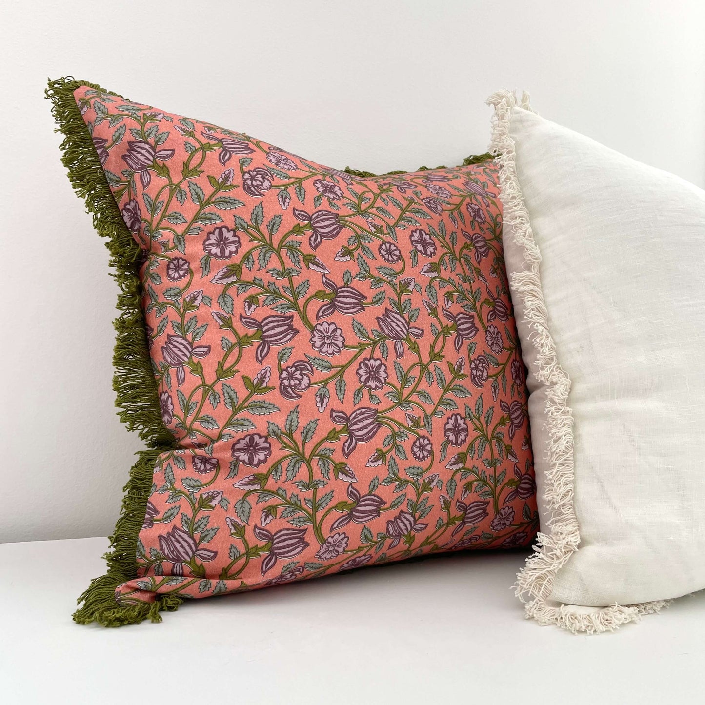 18x18 cotton pink green vintage floral fringed pillow with insert