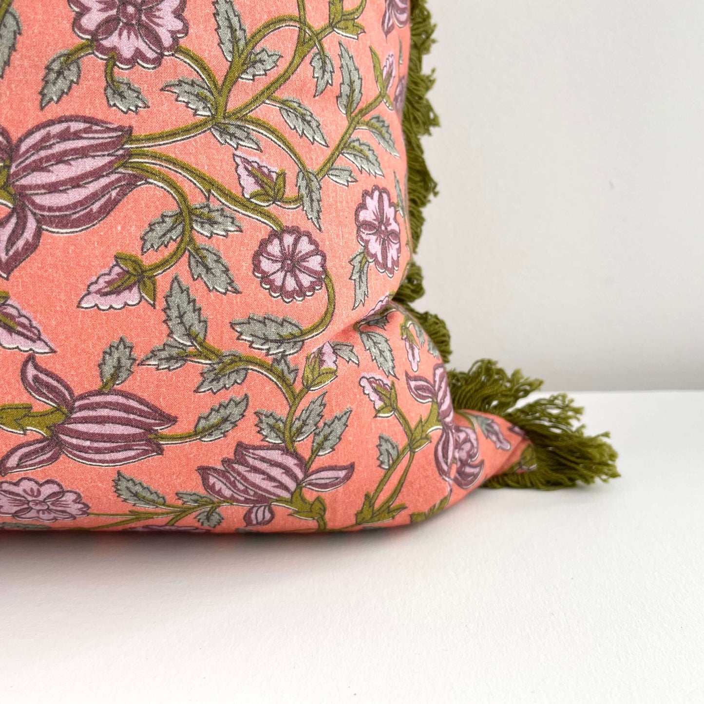 18x18 cotton pink green vintage floral fringed pillow with insert