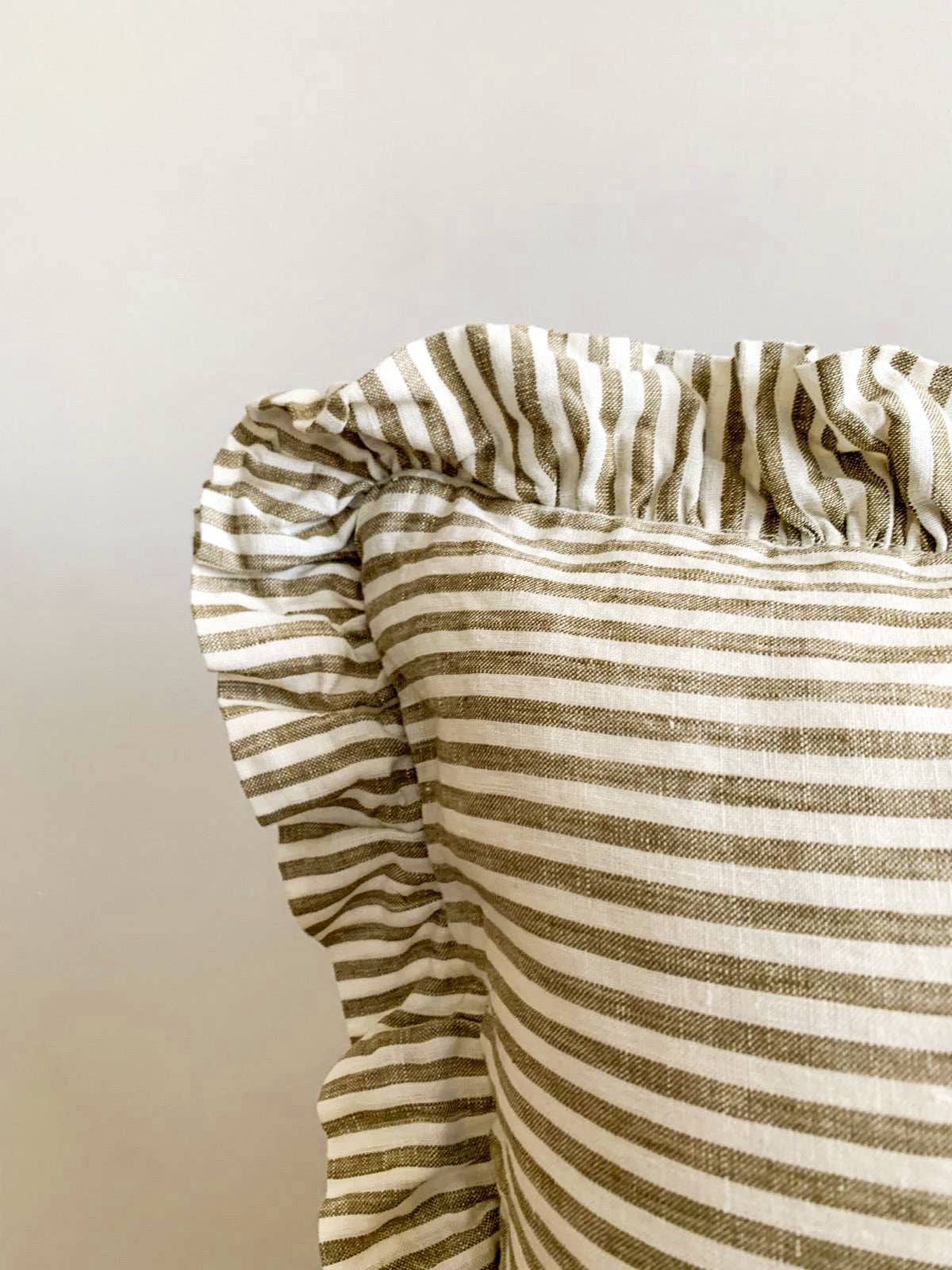 Pure French Linen Ruffle Lumbar and insert included - Olive Pinstripes