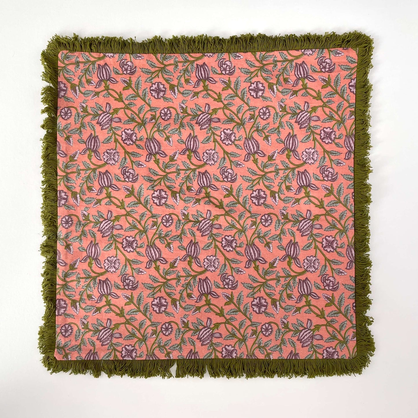 18x18 cotton pink green vintage floral fringed pillow with insert