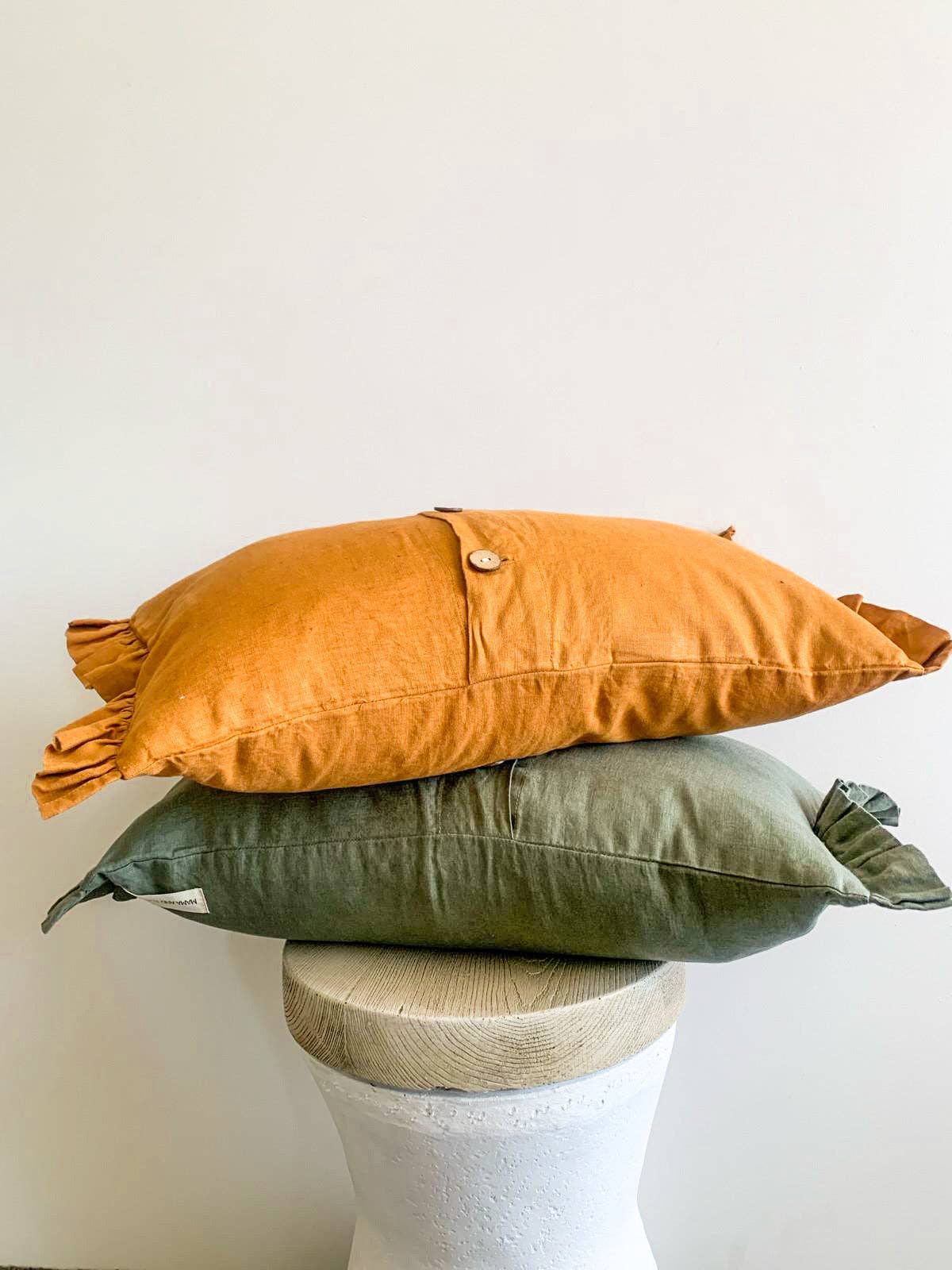 Pure French Linen Lumbar Cushion and insert included 12-x18 with ruffle ends - Khaki