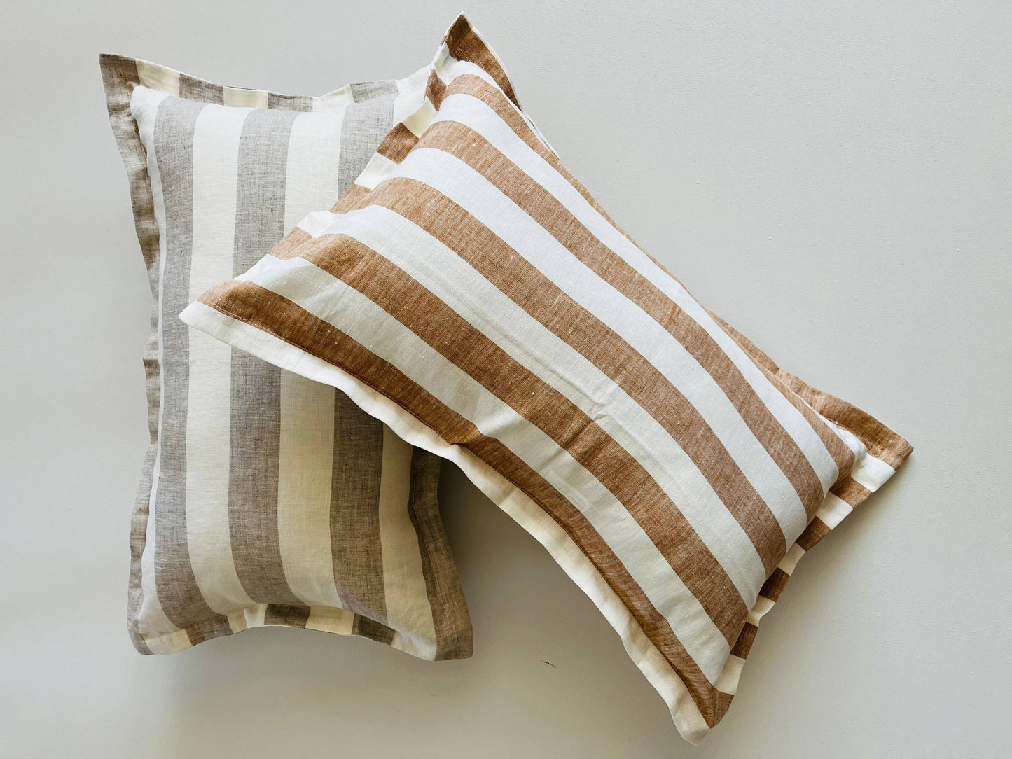 Pure French Linen Lumbar Cushion Cover with Flange Detail - Wide Toffee Stripe
