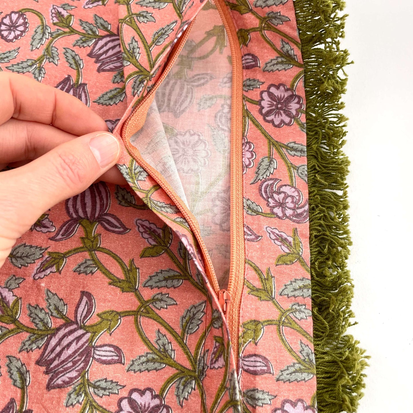 18x18 cotton pink green vintage floral fringed pillow with insert