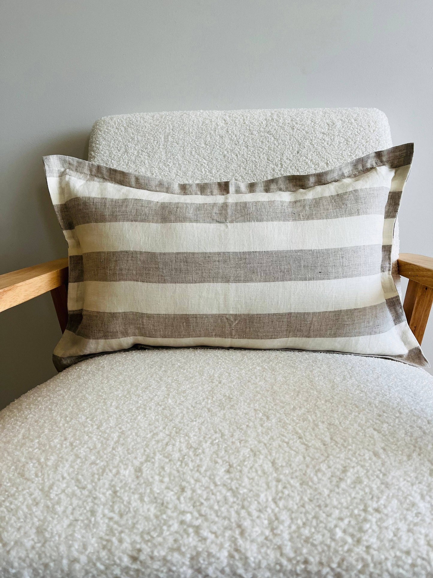 Pure French Linen Lumbar Cushion Cover and insert included with insert included with Flange Detail - Natural Wide Stripe