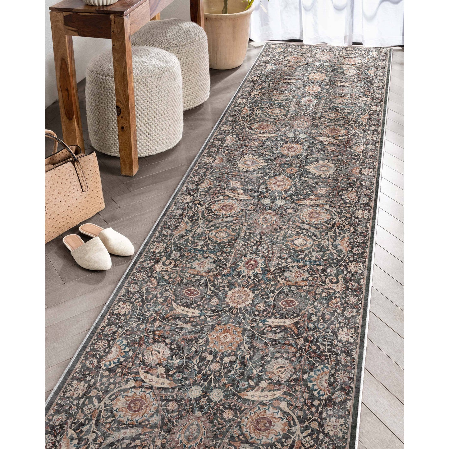 Liana Vintage Oriental Charcoal Grey Flat-Weave Rug