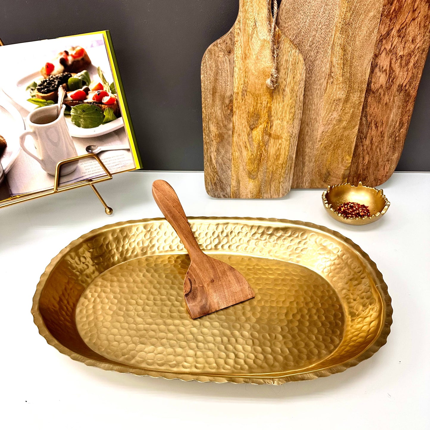 Gold Aluminum Hammered Oval Torn Edge Tray w/ Lip