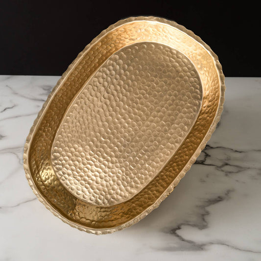 Gold Aluminum Hammered Oval Torn Edge Tray w/ Lip