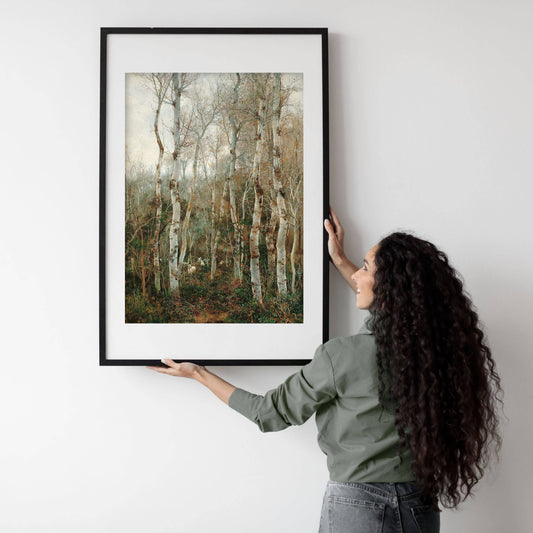 Birch Trees and Sheep Autumn Art Print 11x14