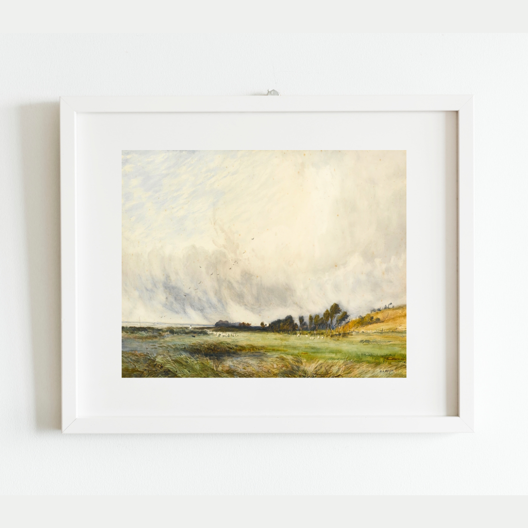 Antique Sheep Grazing By The Coast Print