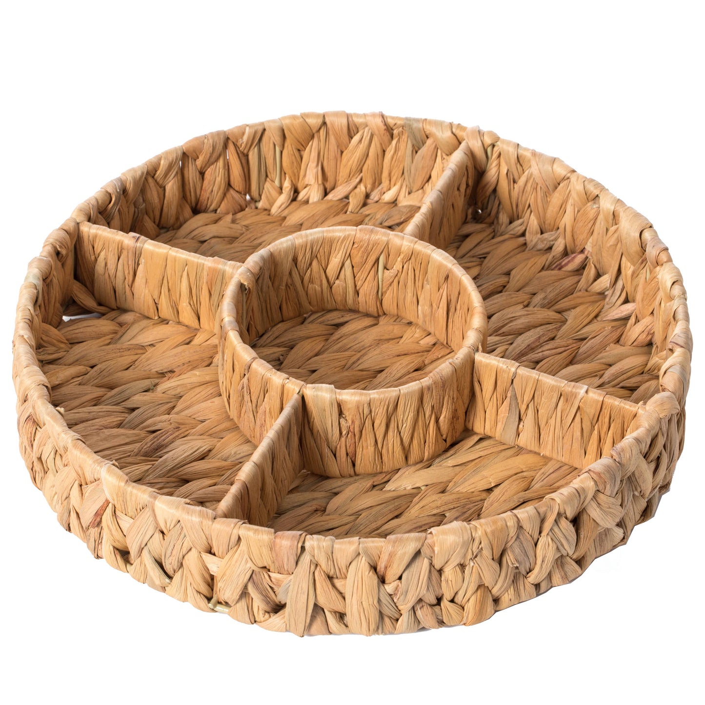 Woven Water Hyacinth Round Serving Tray, 5 Compartment