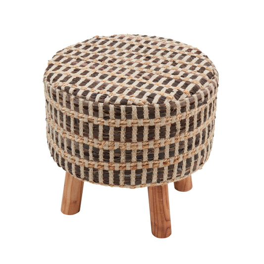 Rustic Elegance Leather and Jute Woven Stool