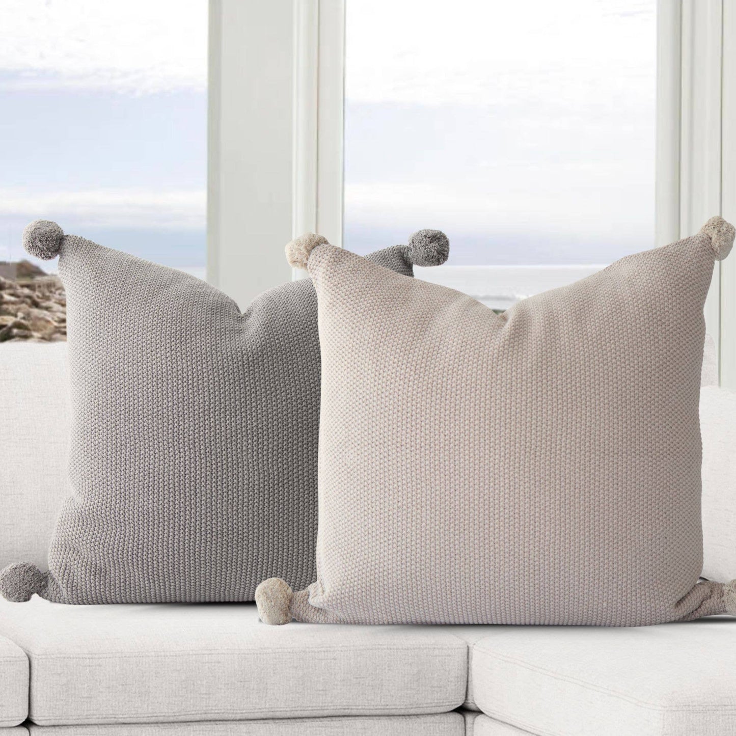 Aria Cotton Knit Pillow Cover with Pompoms