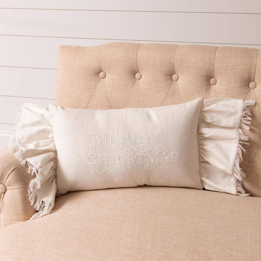 Ruffled Edge Pillow - Embroidered Merry Christmas