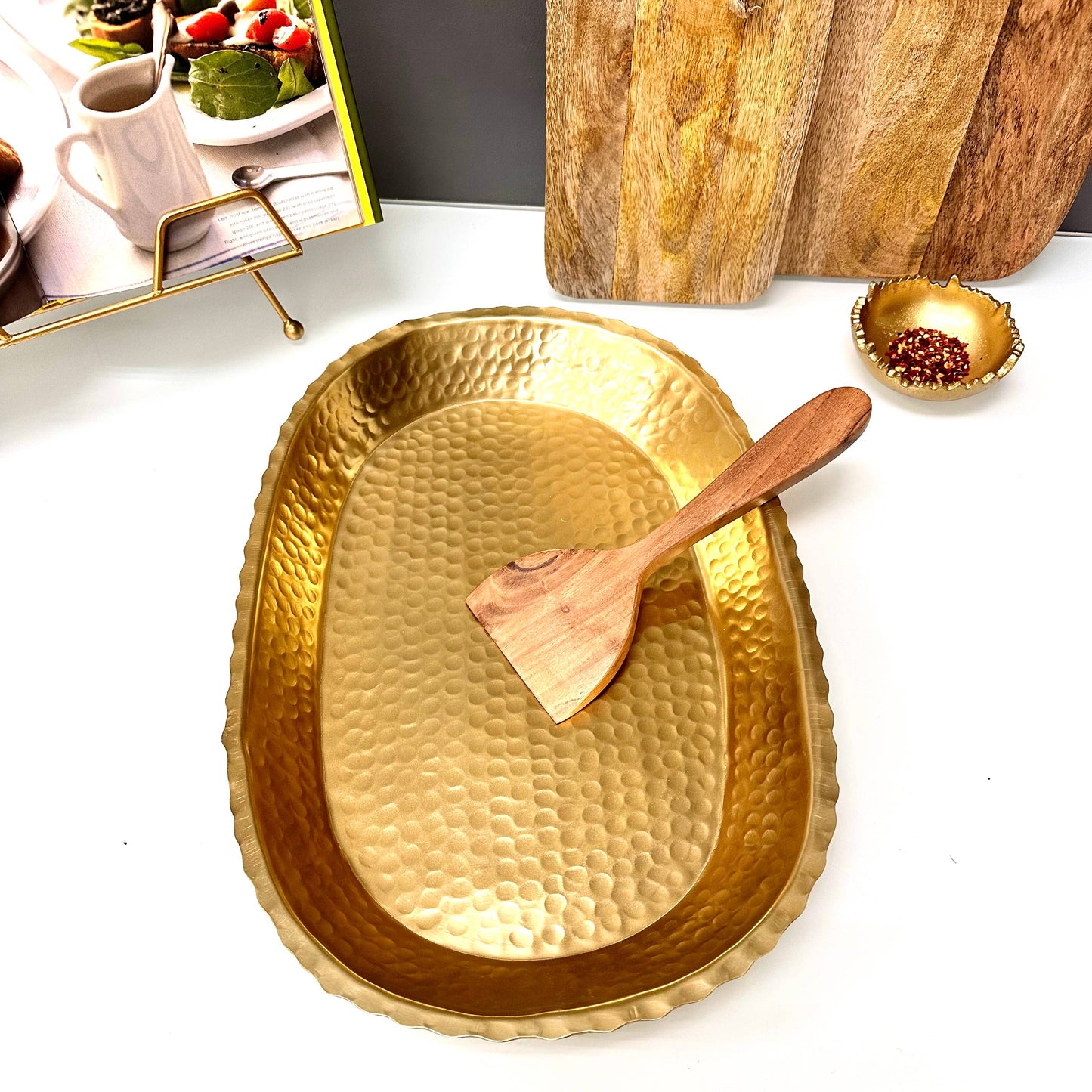 Gold Aluminum Hammered Oval Torn Edge Tray w/ Lip