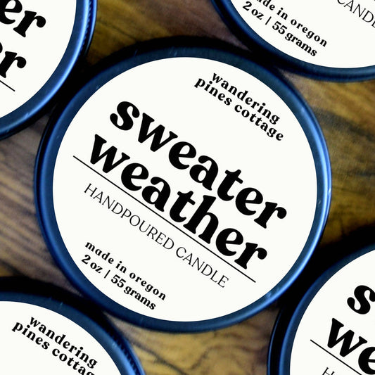 Sweater Weather - 2 oz Black Tin Travel Candle, Fall Candle