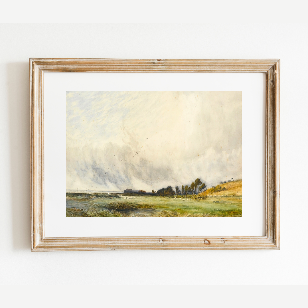 Antique Sheep Grazing By The Coast Print