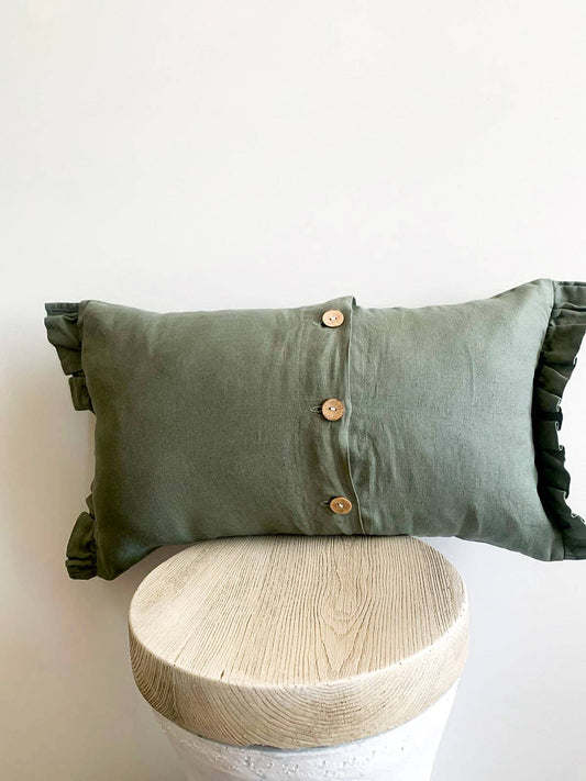 Pure French Linen Lumbar Cushion and insert included 12-x18 with ruffle ends - Khaki