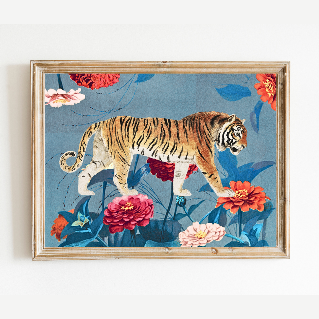 Tiger Walking on Flowers Art Print