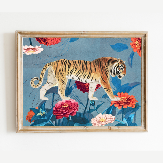 Tiger Walking on Flowers Art Print