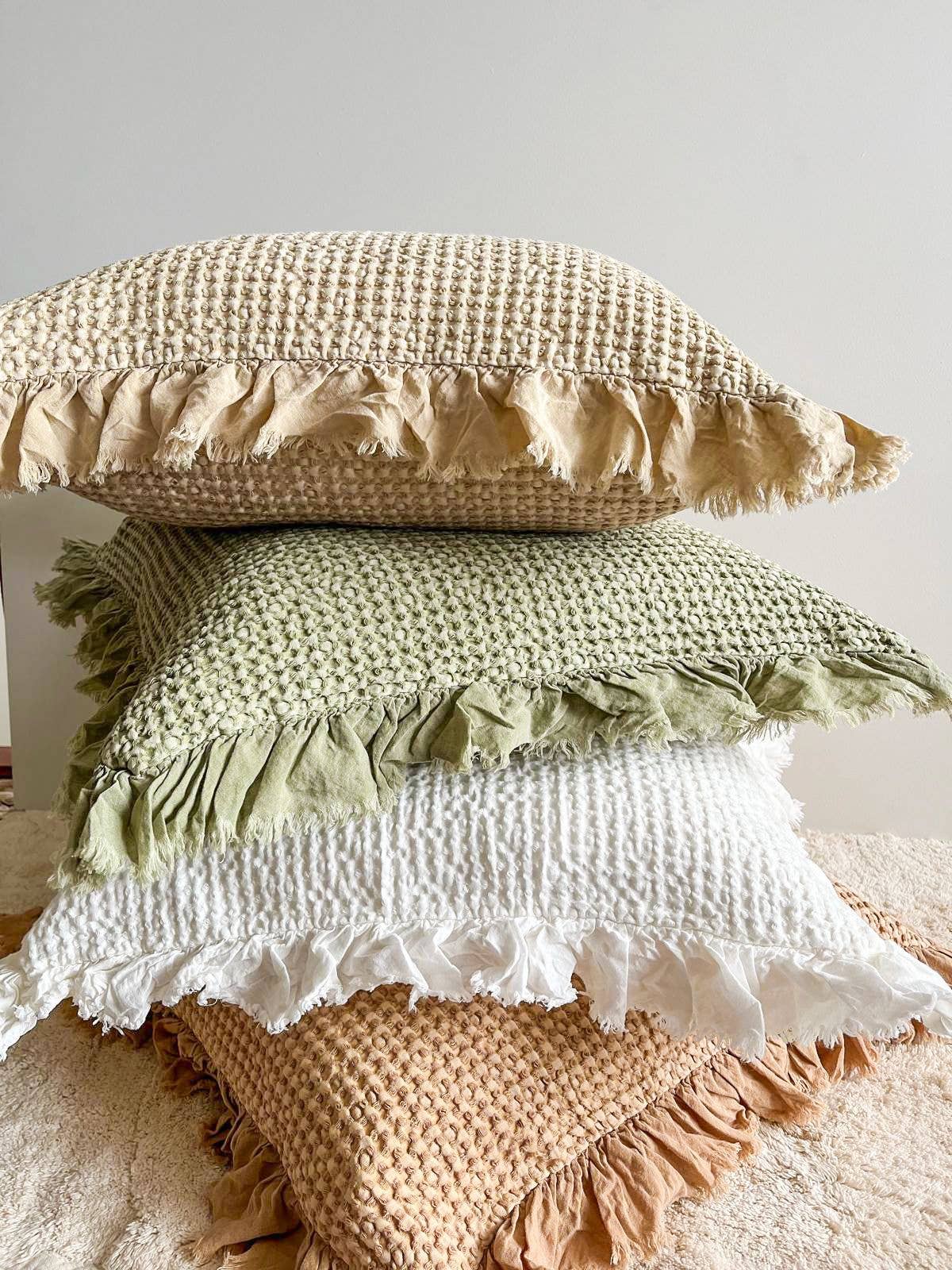 Organic Cotton Waffle Ruffle Cushion with Insert included - Natural