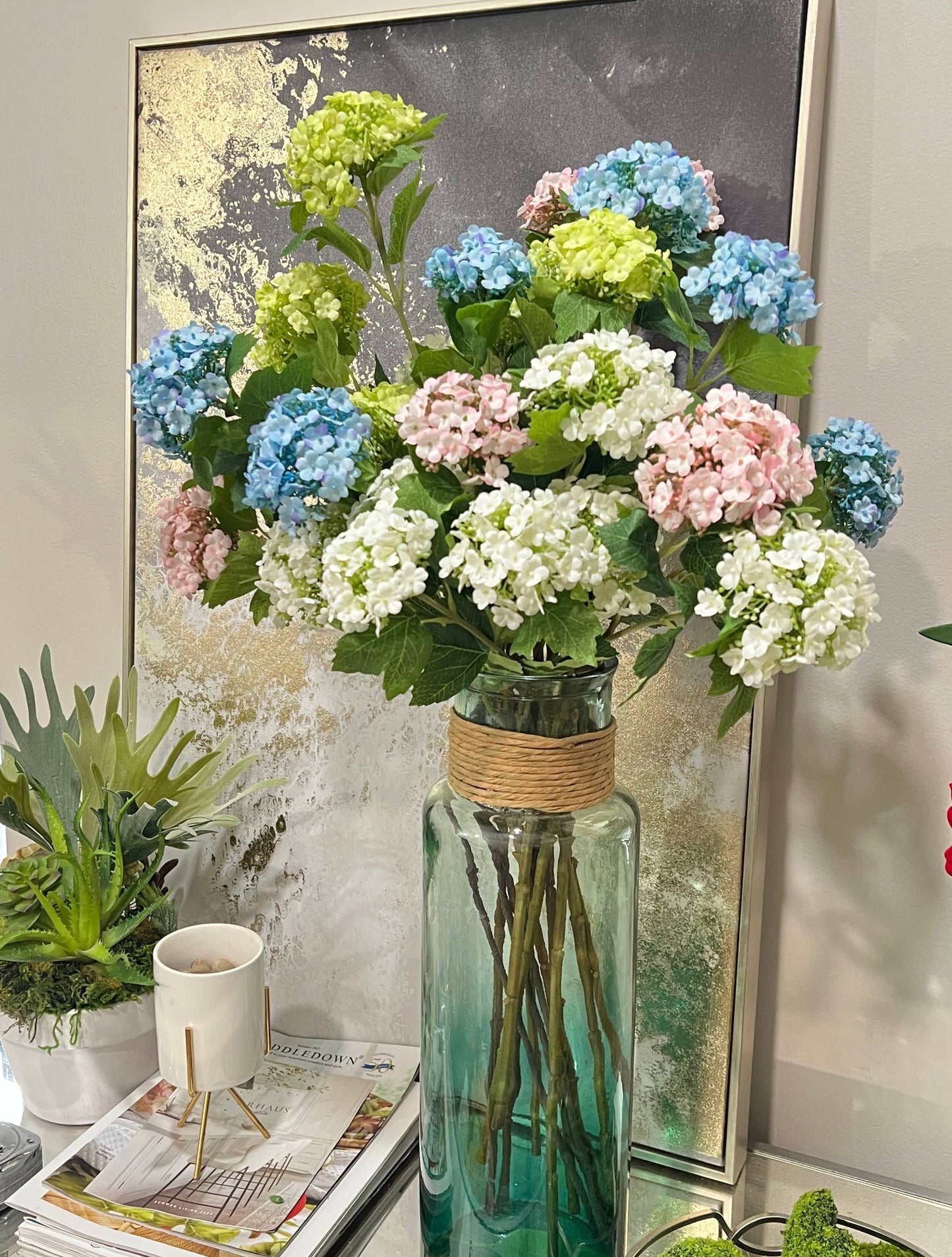 27"-3 Blooms-faux Snowball hydrangea spray