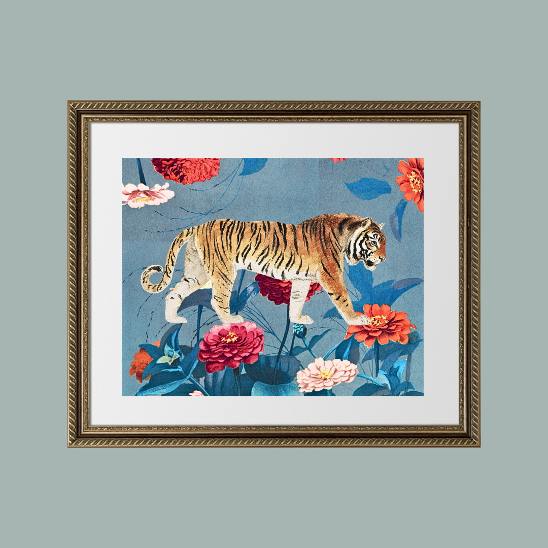 Tiger Walking on Flowers Art Print