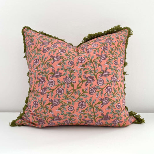 18x18 cotton pink green vintage floral fringed pillow with insert