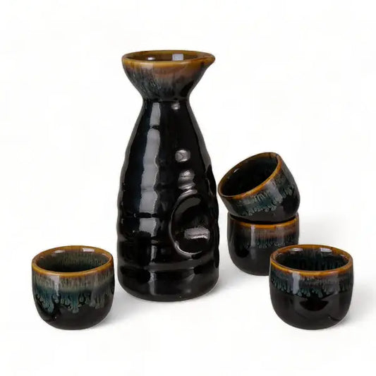 Brown and Black Glazed 10oz Sake Bottle and 4 Cups Gift Set