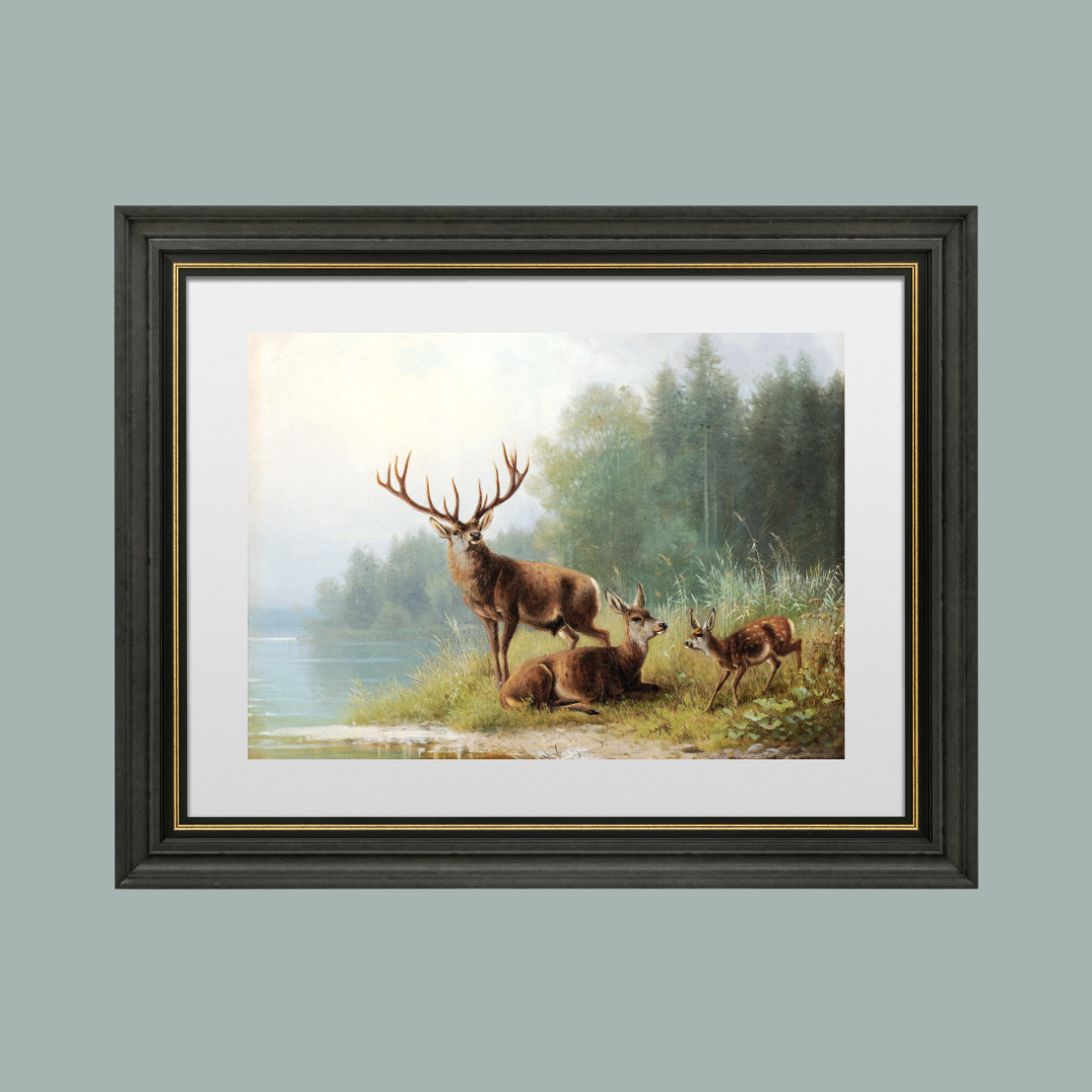 Stag at a Lake Antique Art Print