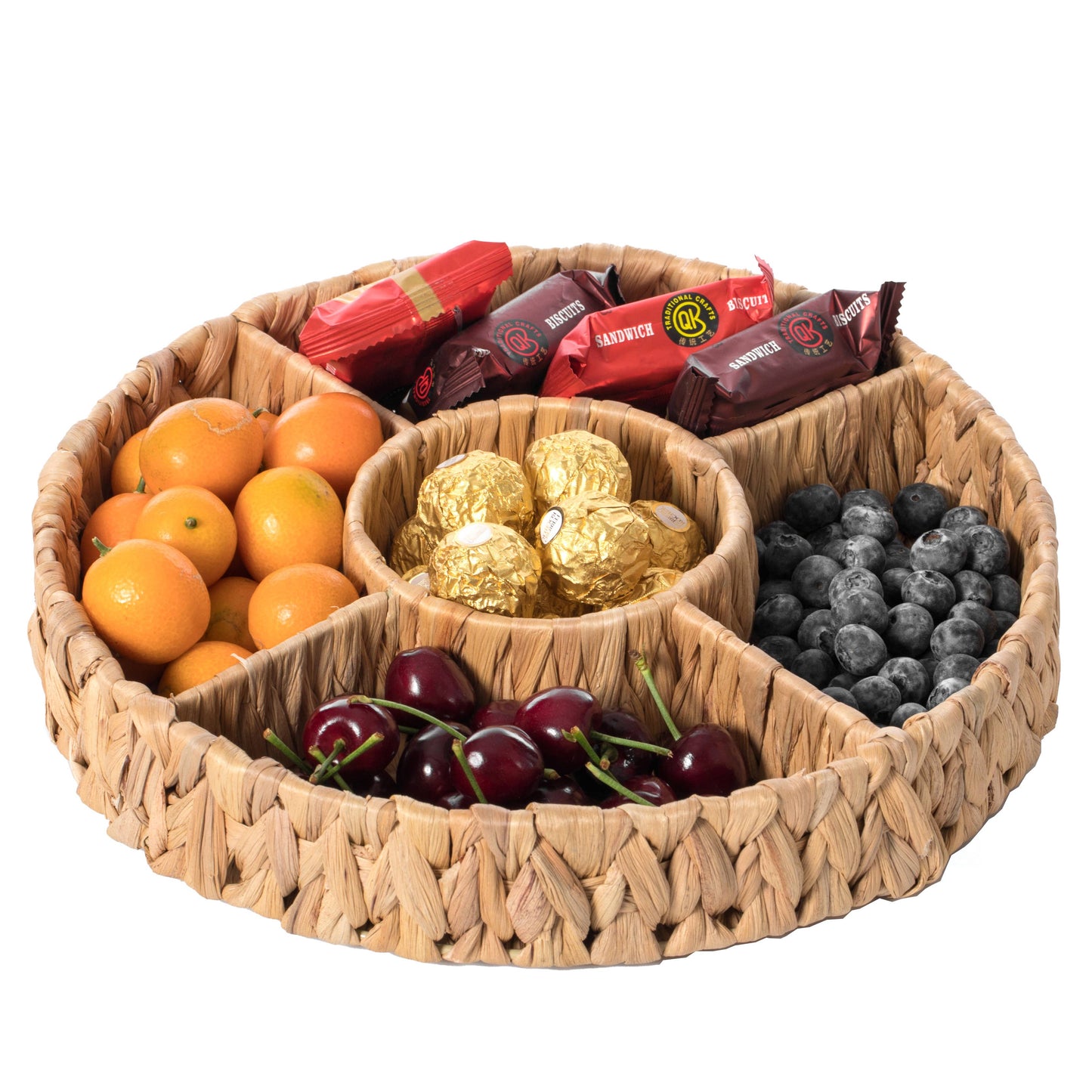 Woven Water Hyacinth Round Serving Tray, 5 Compartment