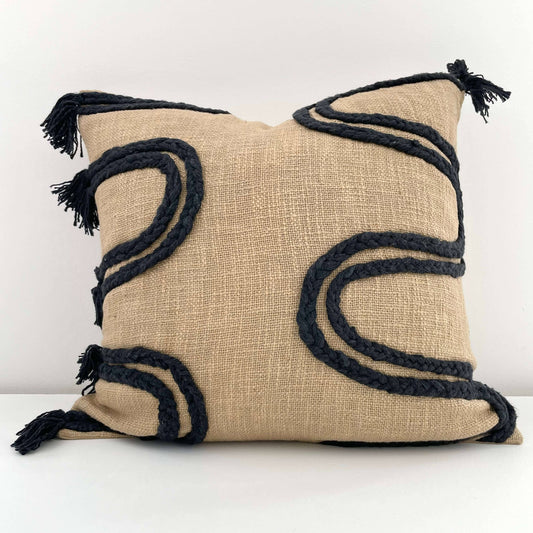 18x18 hand woven neutral blk/tan braided curves pillow cover