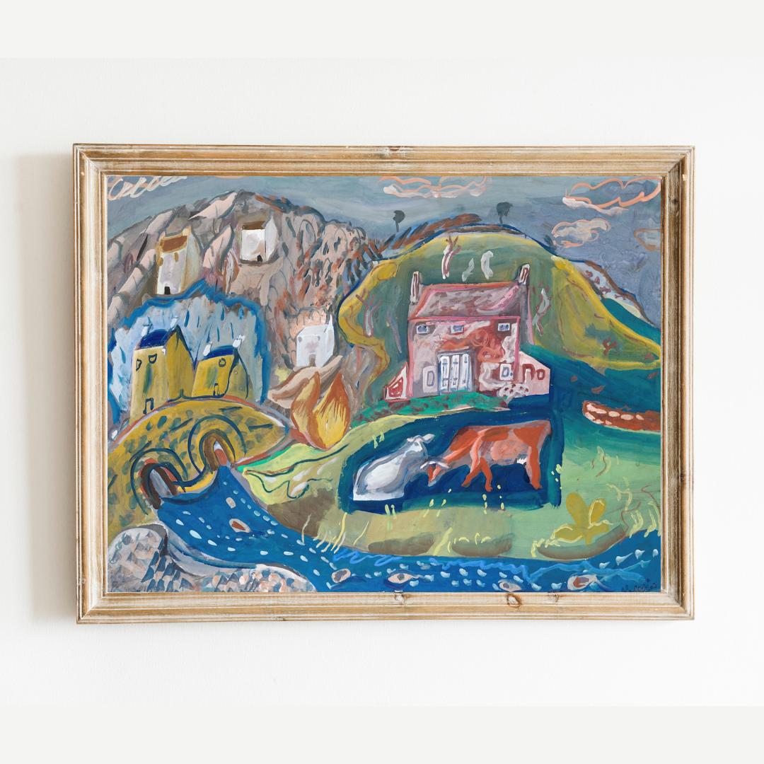 Fishing Village in Pembrokeshire Abstract Antique Art Print