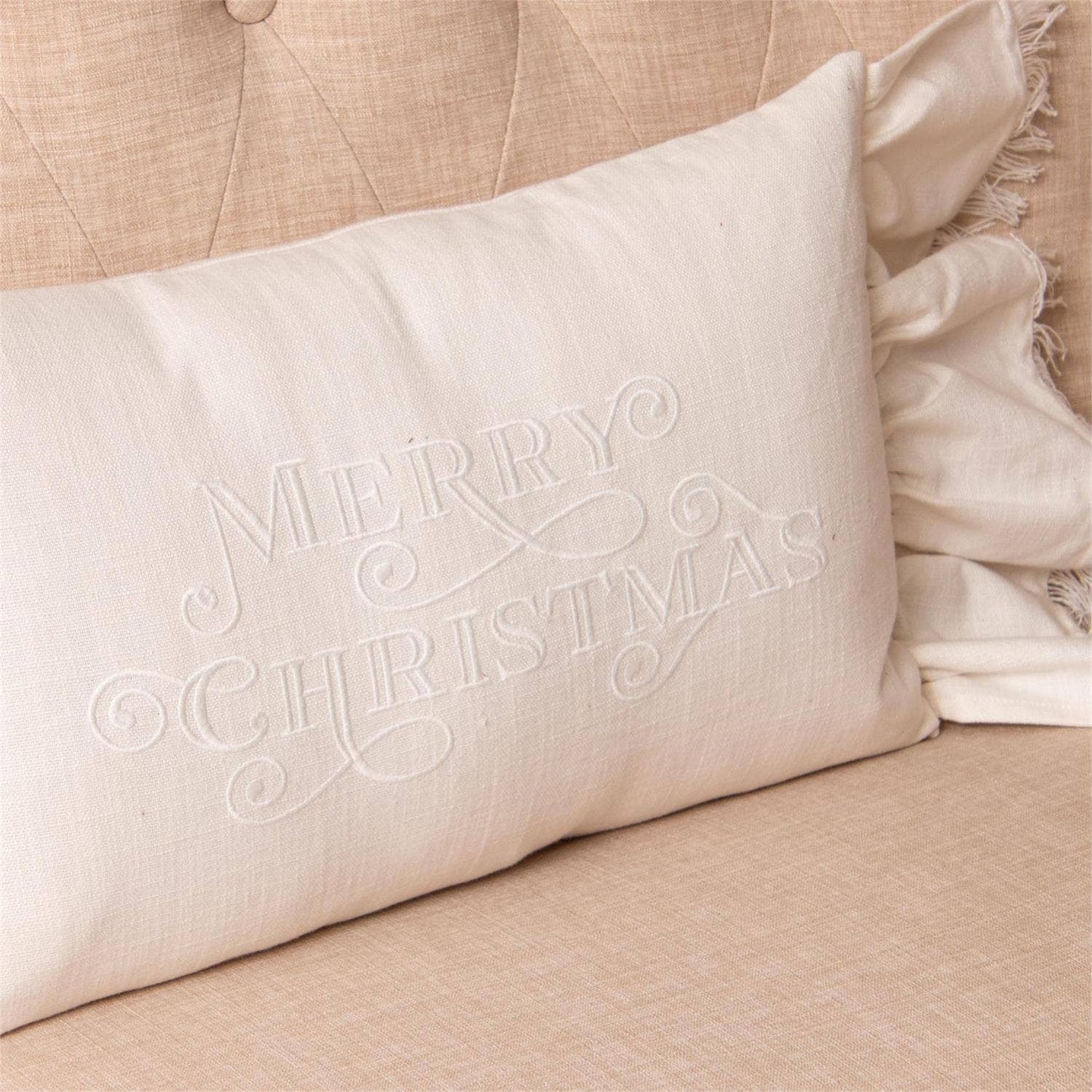 Ruffled Edge Pillow - Embroidered Merry Christmas