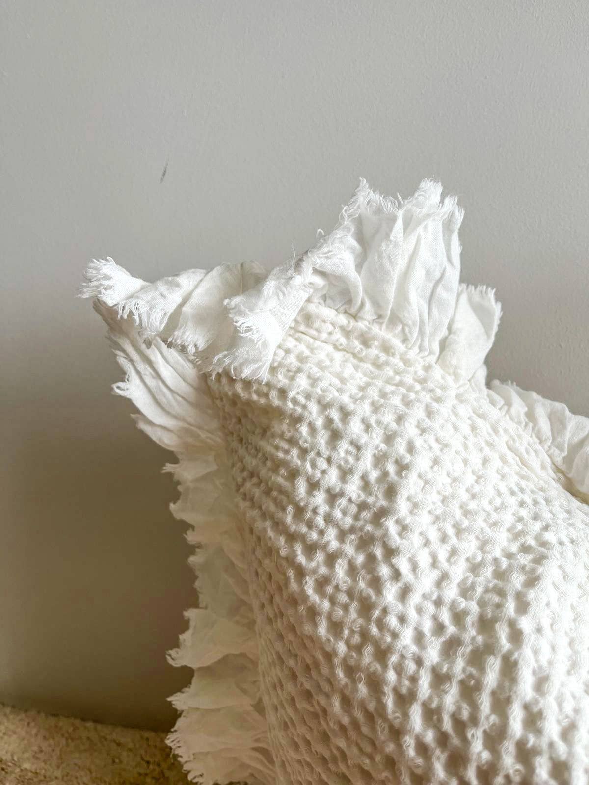 Organic Cotton Waffle Ruffle Cushion Cover  with insert included White