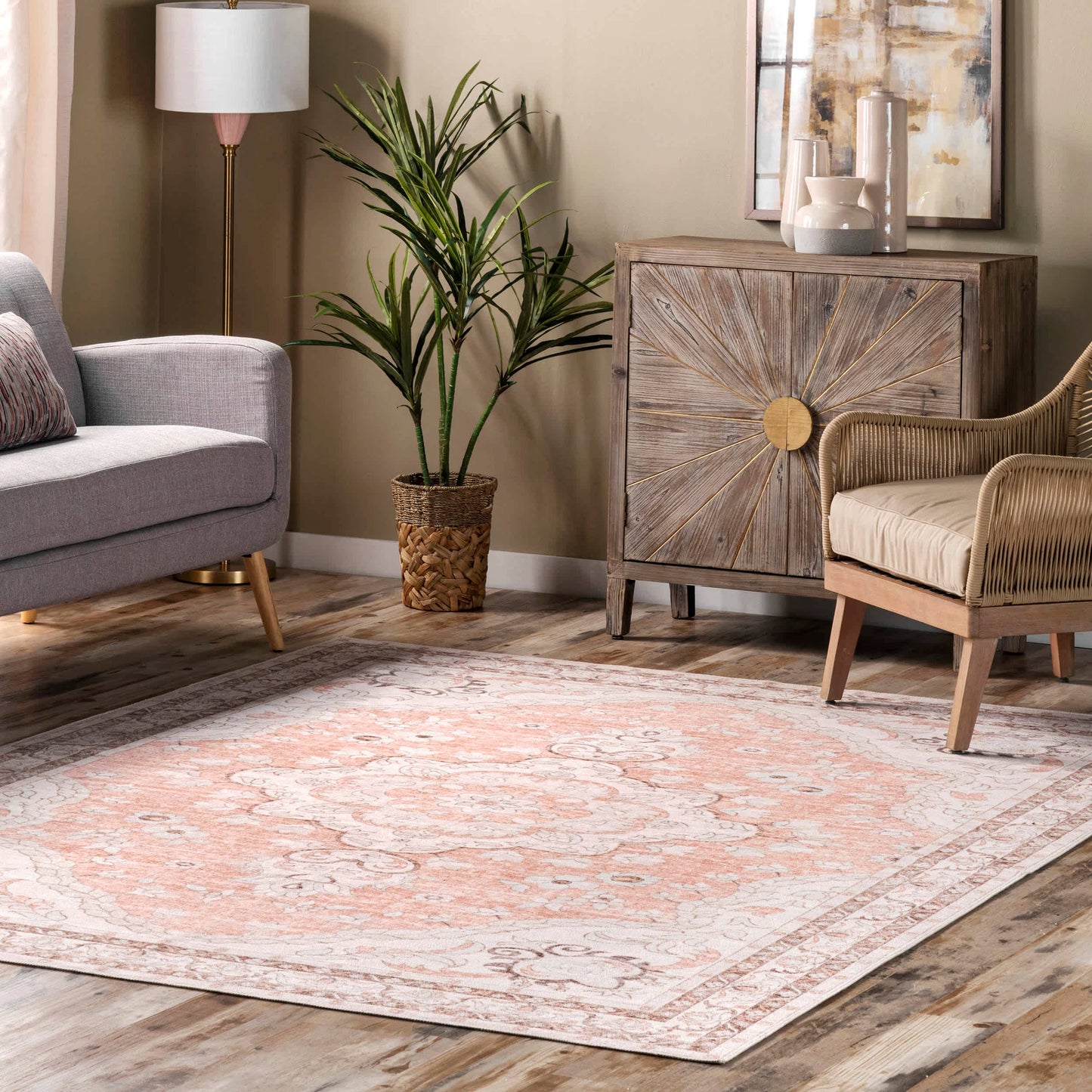 Faded Rosette Washable Area Rug