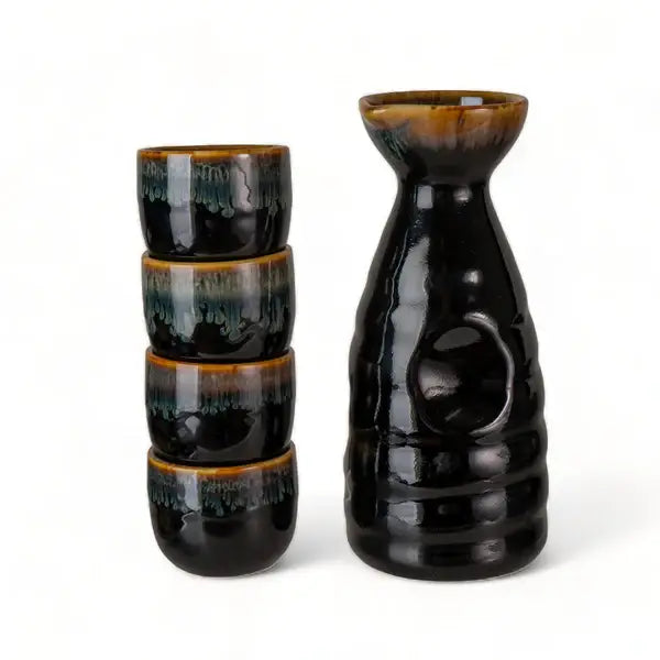 Brown and Black Glazed 10oz Sake Bottle and 4 Cups Gift Set