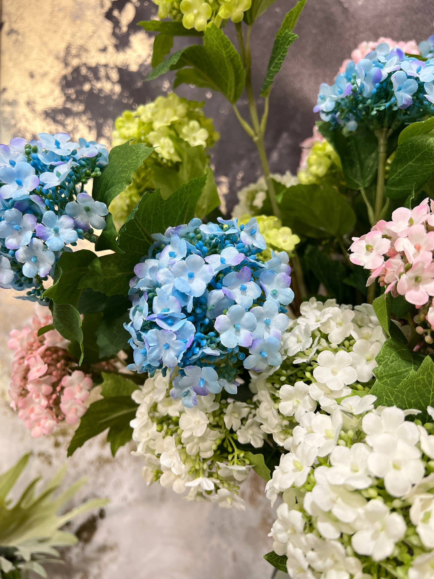 27"-3 Blooms-faux Snowball hydrangea spray