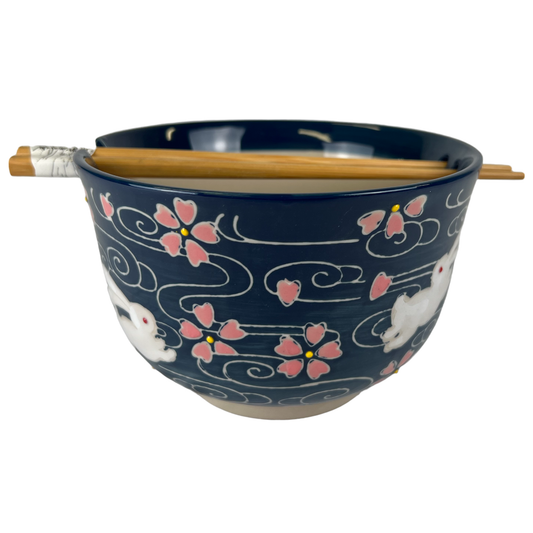 24oz 6"Dx4"H Noodle Bowl With Chopsticks Set Sakura Rabbit Design (4/16)