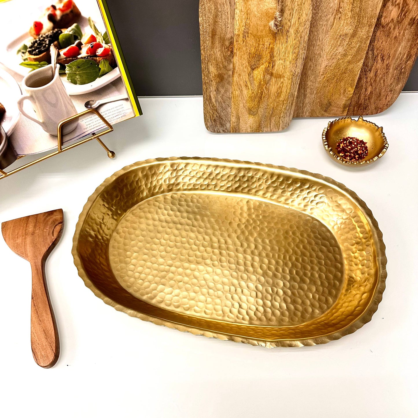 Gold Aluminum Hammered Oval Torn Edge Tray w/ Lip