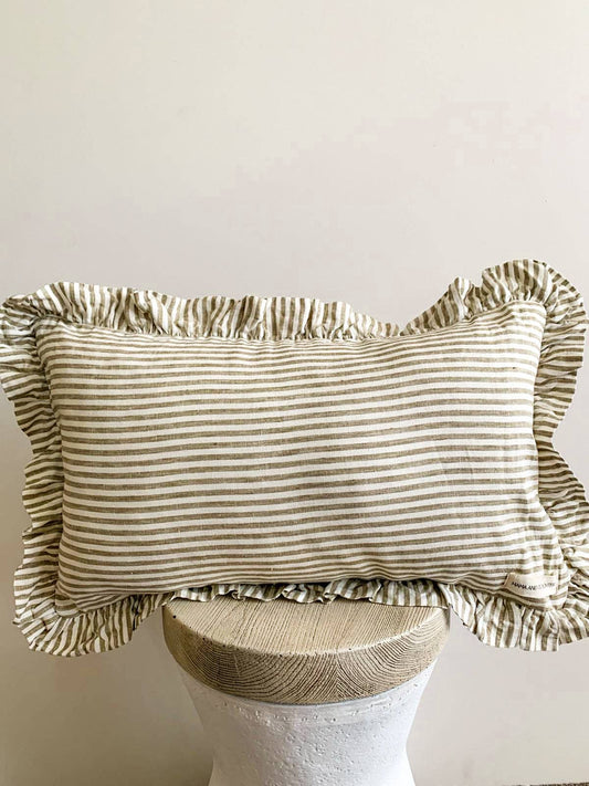 Pure French Linen Ruffle Lumbar and insert included  - Olive Pinstripes