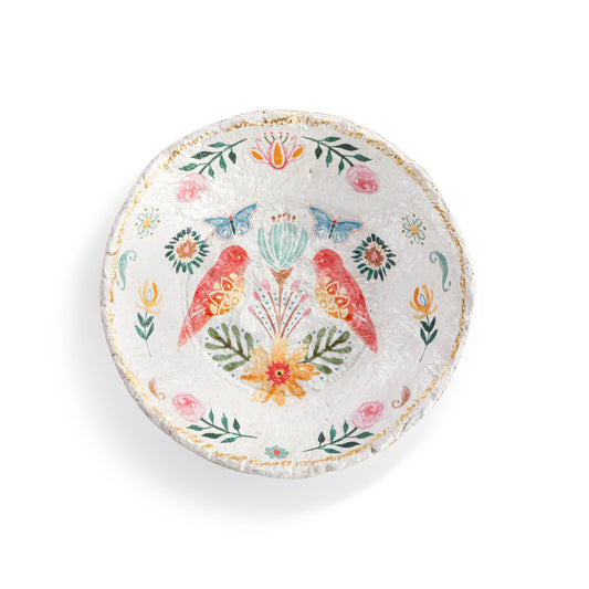 Paper Mache Coral Birds with Gold Rim Bowl - 7.5in