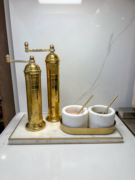 Marble Salt and Pepper Set with Gold Base and Spoons