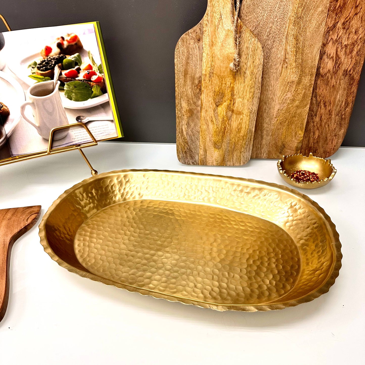 Gold Aluminum Hammered Oval Torn Edge Tray w/ Lip