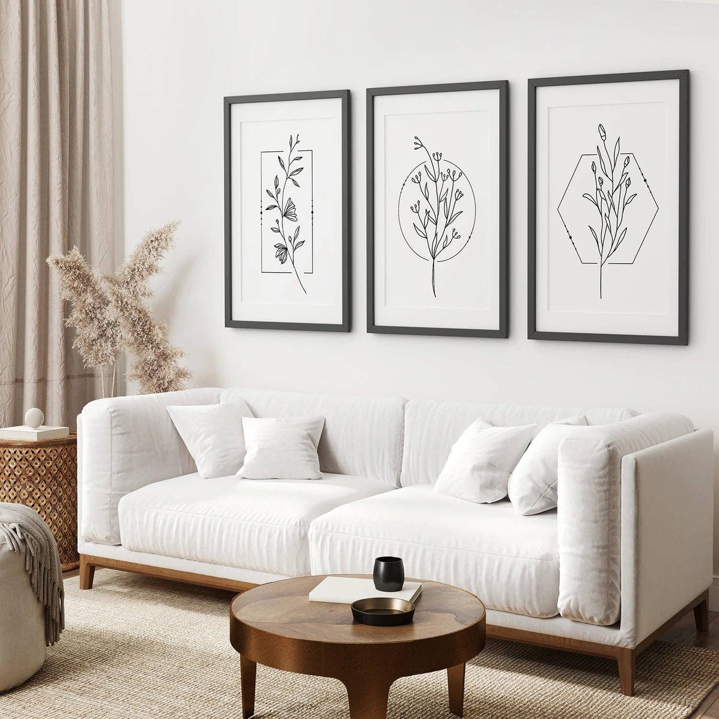 Minimal Flower Line Art: Black White Wall Art Set