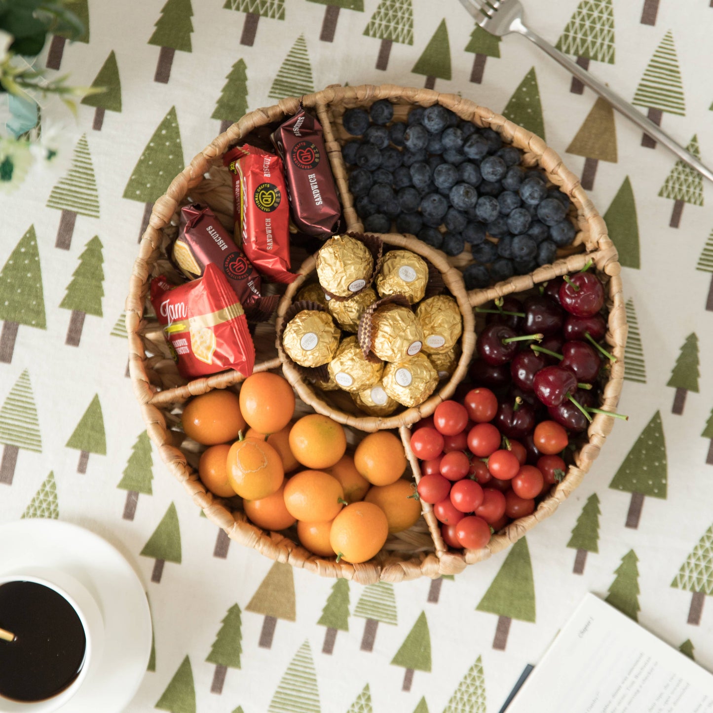 Woven Water Hyacinth Round Serving Tray, 5 Compartment