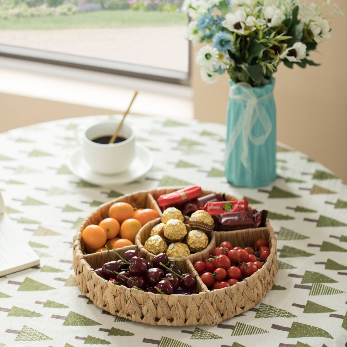 Woven Water Hyacinth Round Serving Tray, 5 Compartment