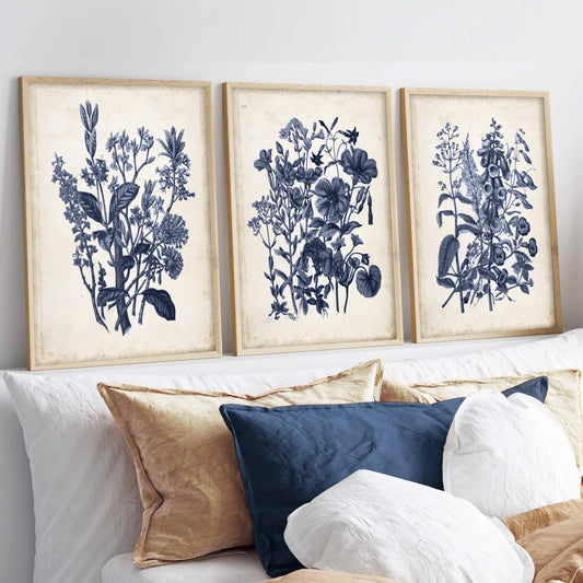 Vintage Navy Flowers Set of 3 Art Prints