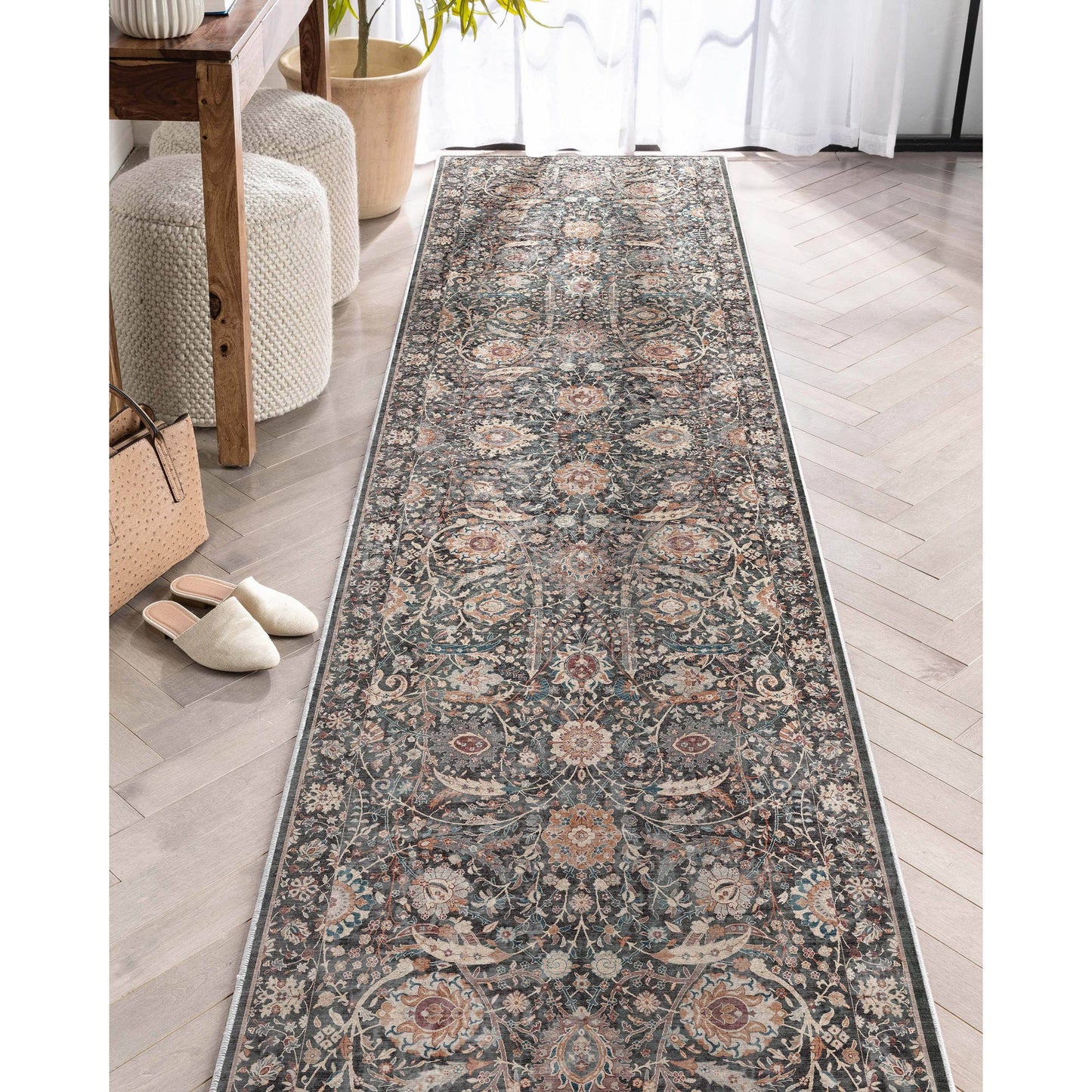 Liana Vintage Oriental Charcoal Grey Flat-Weave Rug