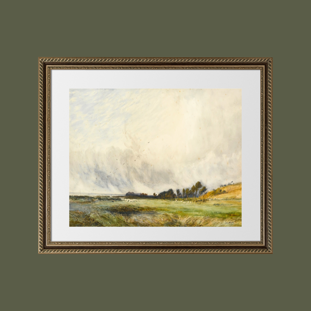 Antique Sheep Grazing By The Coast Print