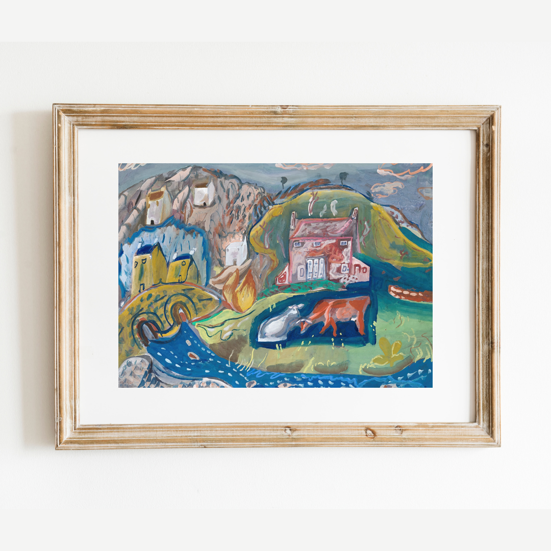 Fishing Village in Pembrokeshire Abstract Antique Art Print